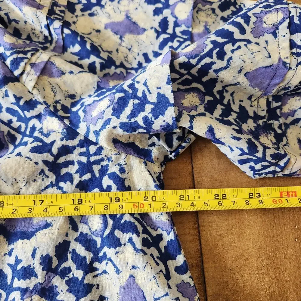 Free People Top Women's XS Blue Willow Printed Smocked Puff Sleeve Tie Babydoll